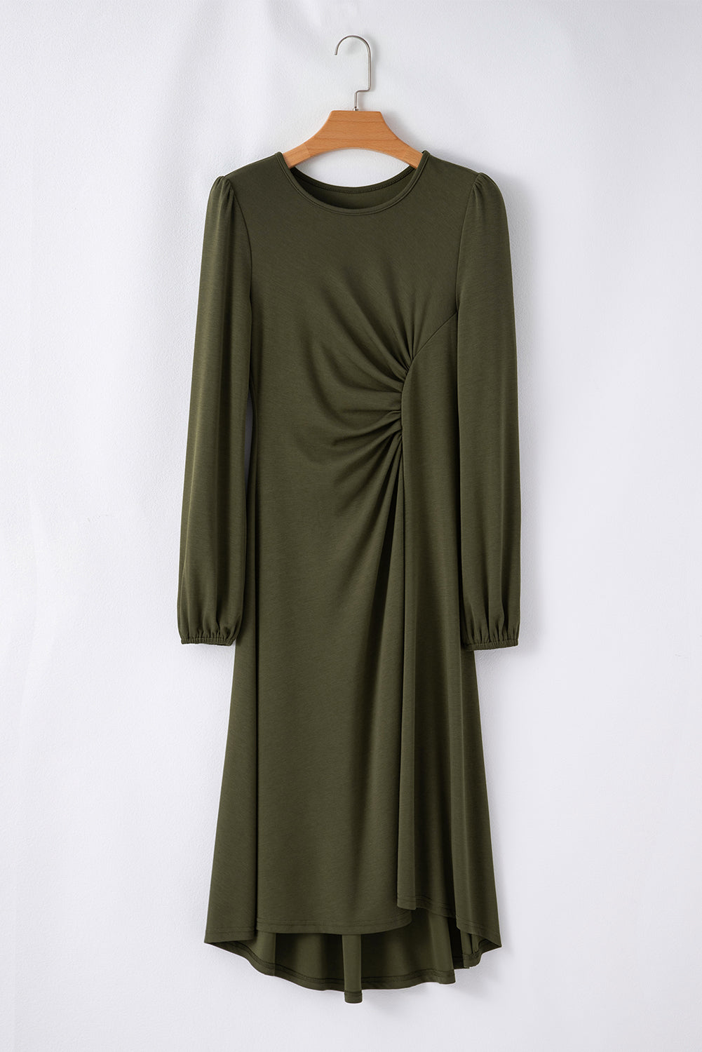 Jungle green ruched front high low midi dress on a hanger, front view