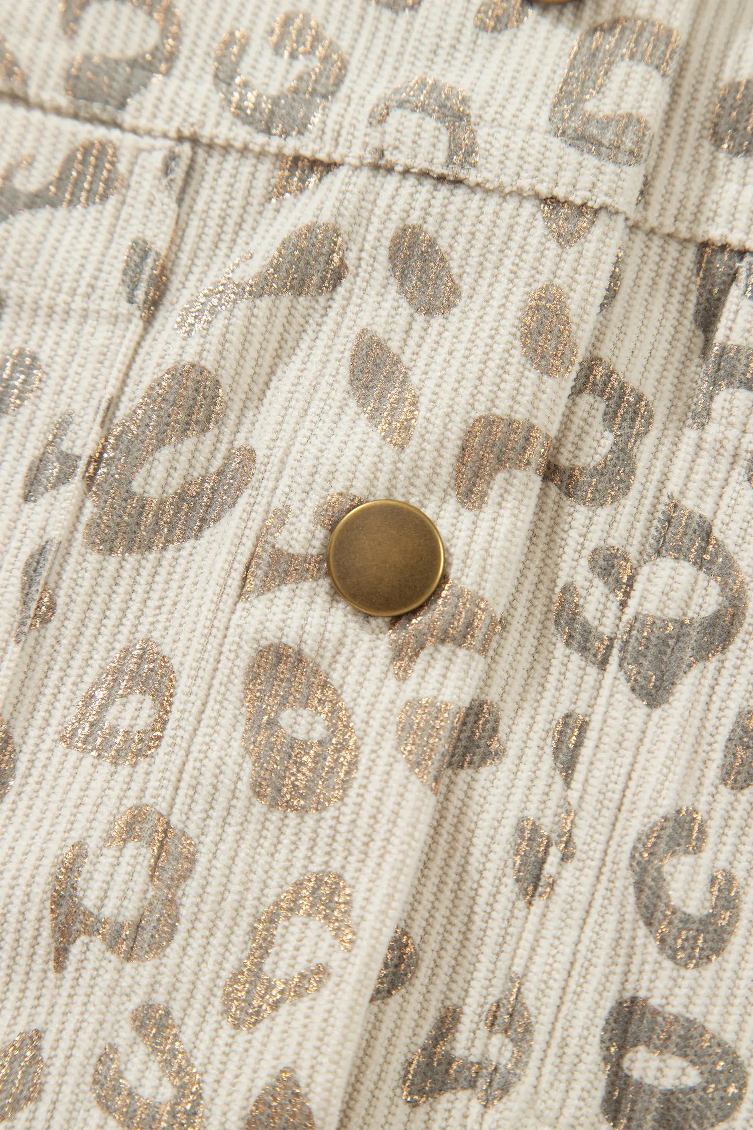 Gold-tone snap on fine wale khaki leopard corduroy with metallic shimmer