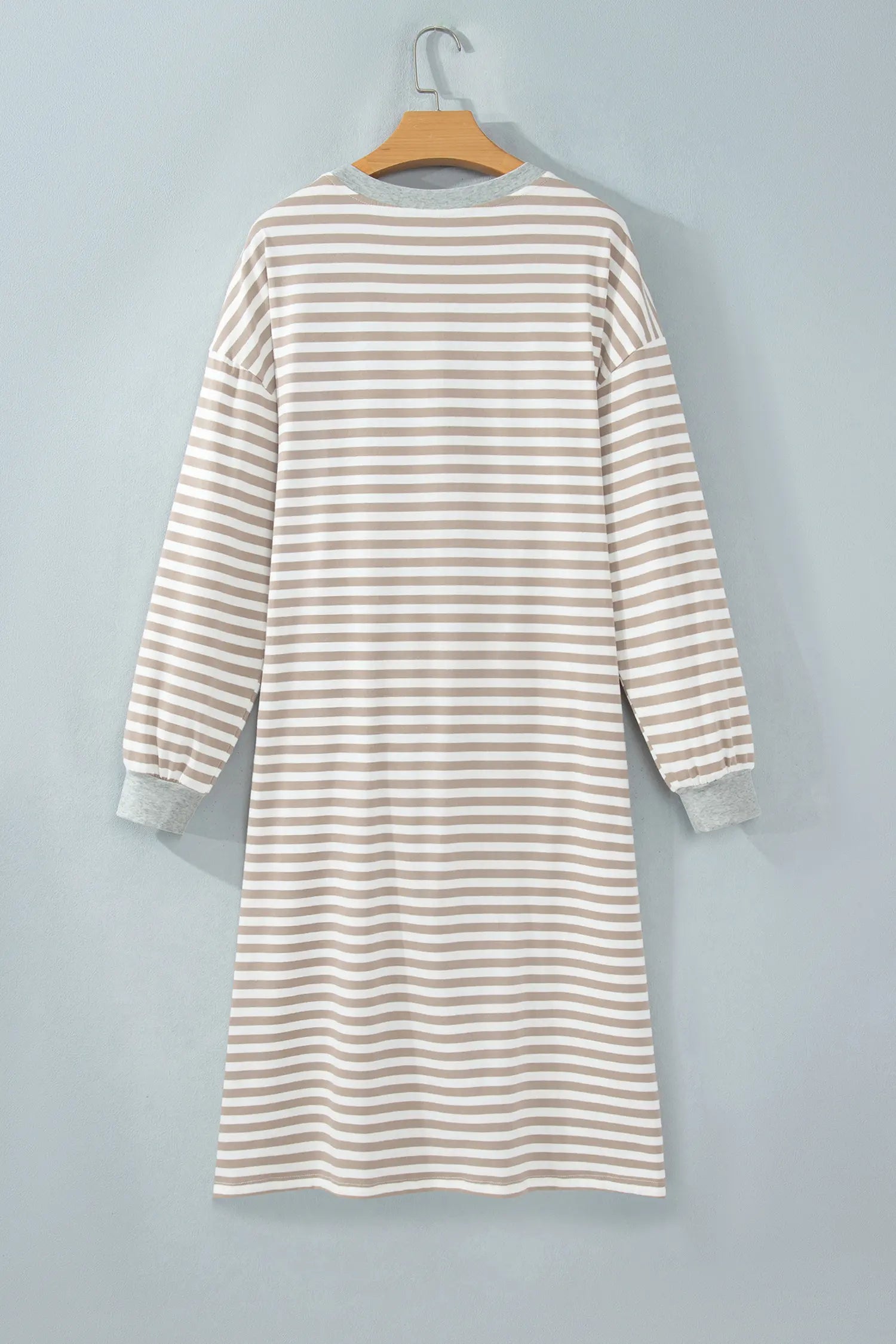 Khaki stripe long sleeve midi dress on a hanger, back view