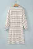Khaki stripe long sleeve midi dress on a hanger, back view