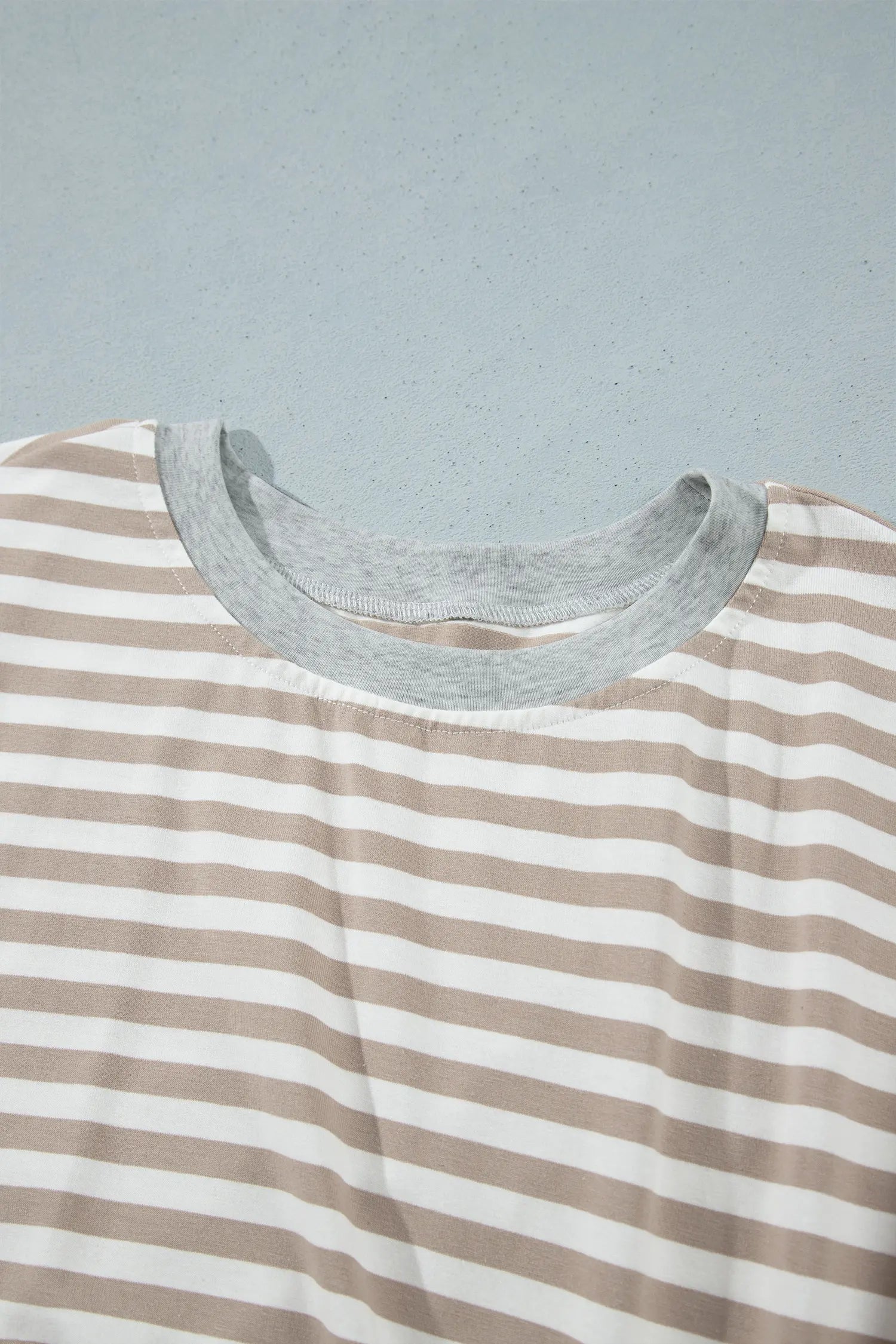 Heather gray ribbed round neckline on khaki stripe dress
