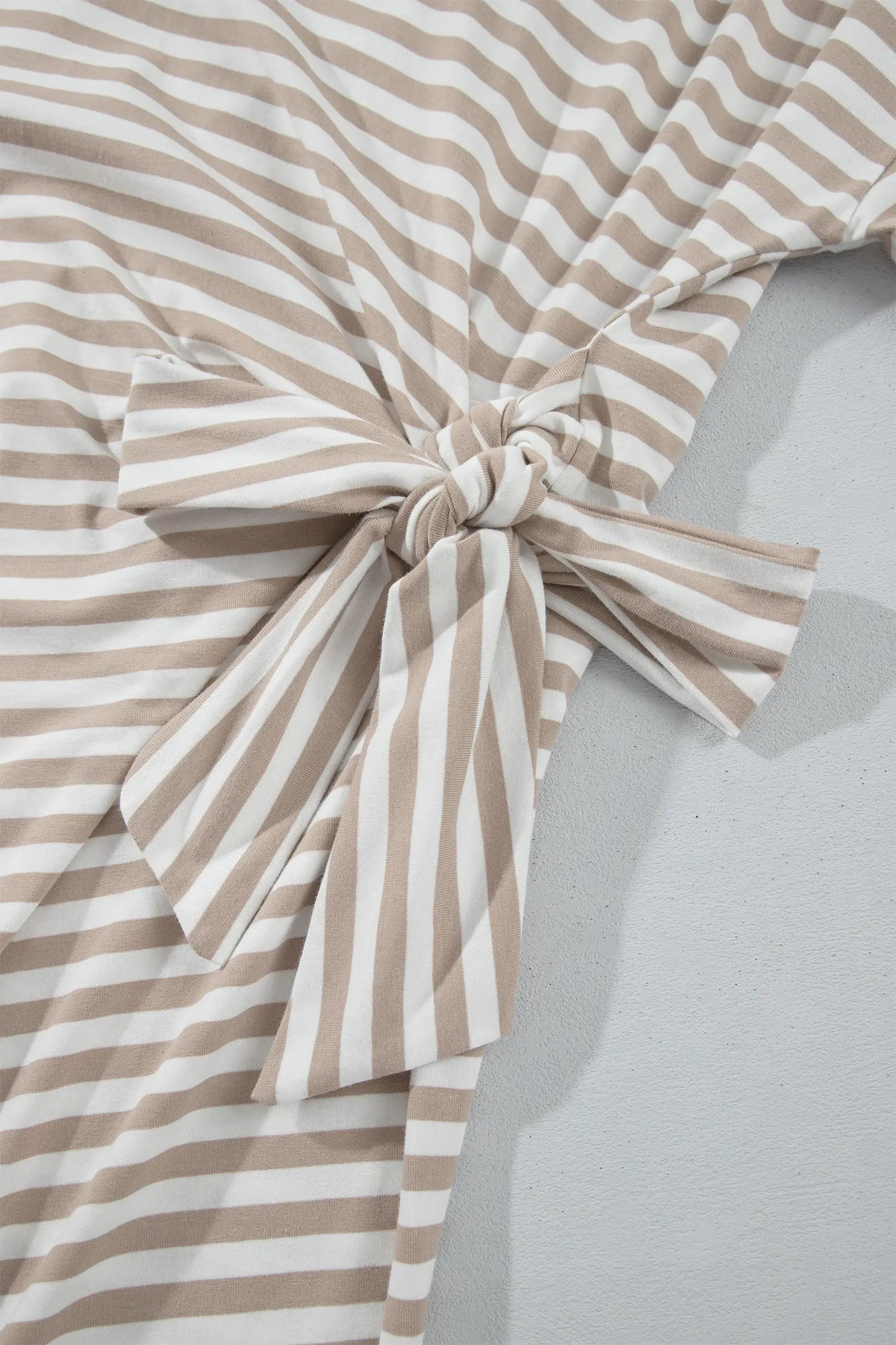 Self-tie waist bow on khaki and white striped midi dress