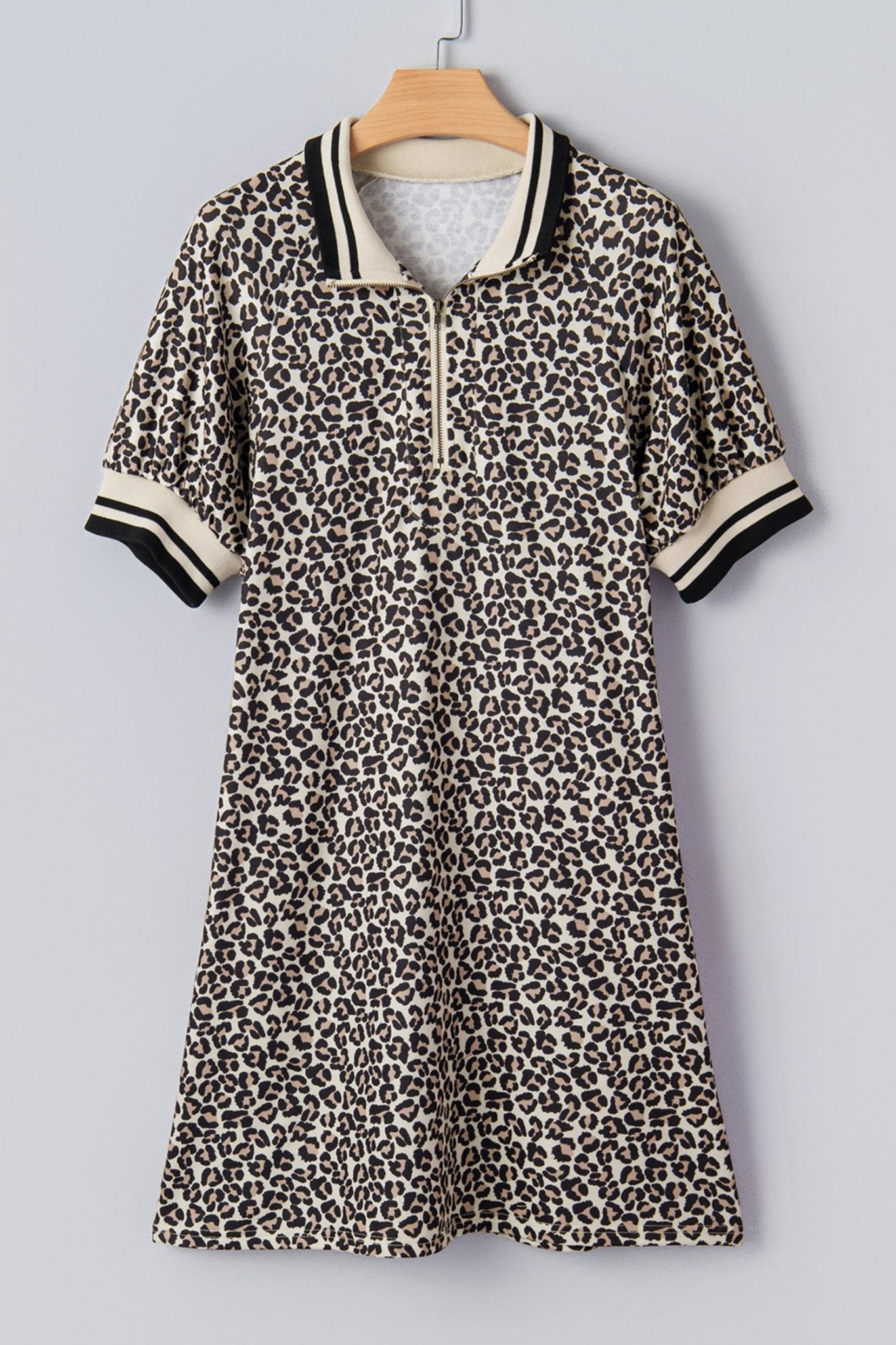 Leopard Half-Zip Neck Striped Trim Mini Dress | Zarnesh