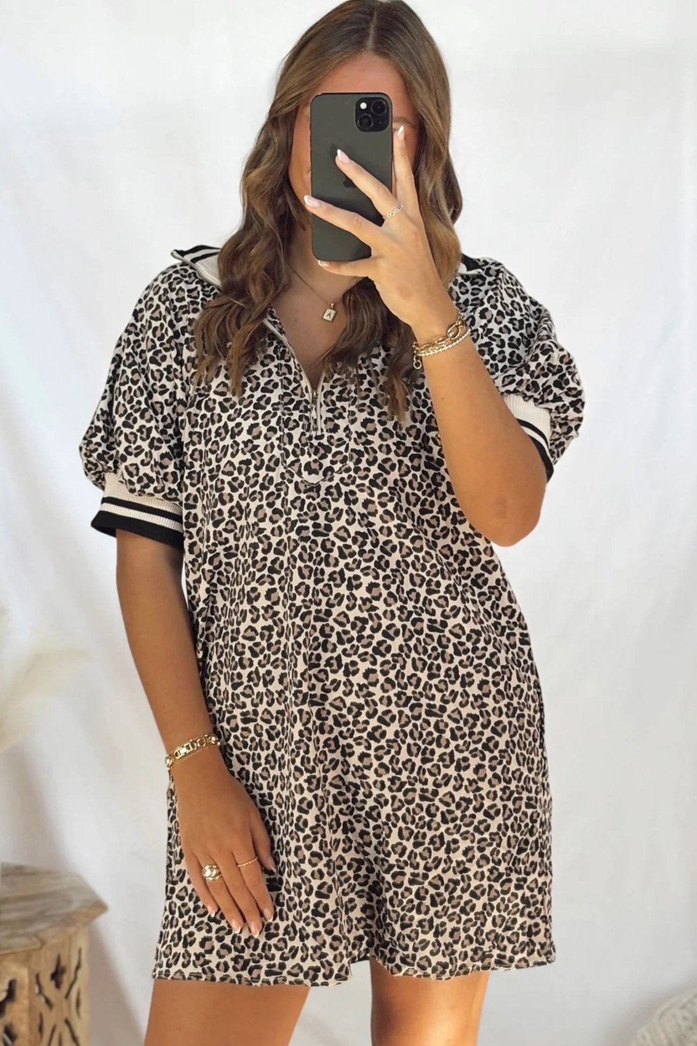 Leopard Half-Zip Neck Striped Trim Mini Dress | Zarnesh