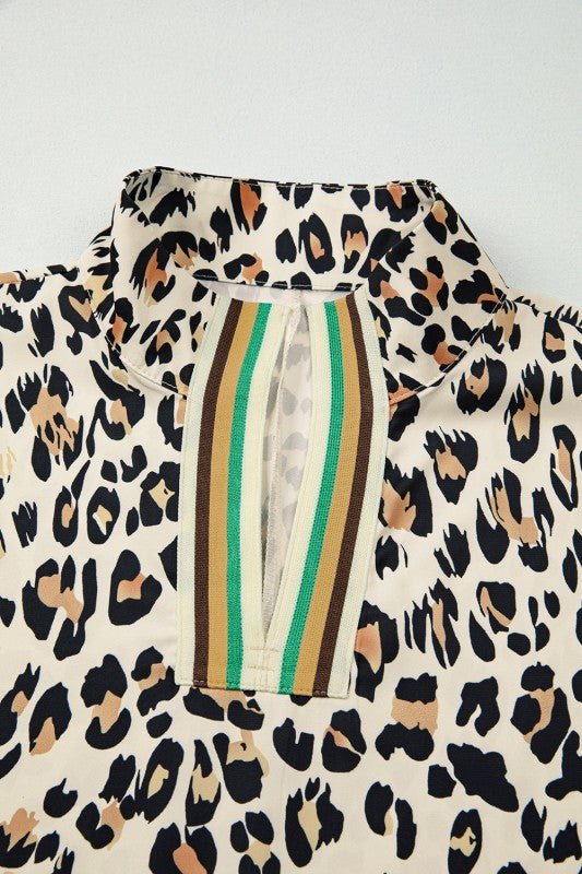 Leopard Notched Short Sleeve Blouse Striped Trim | Zarnesh
