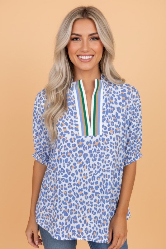 Leopard Notched Short Sleeve Blouse Striped Trim | Zarnesh