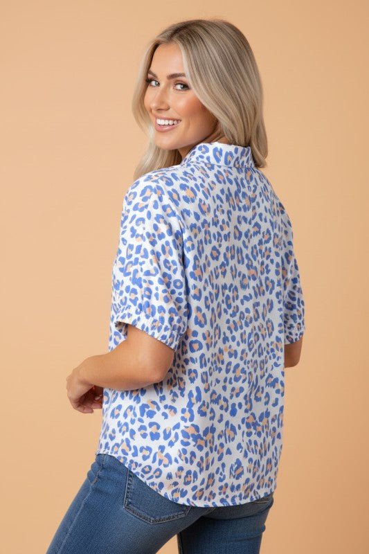 Leopard Notched Short Sleeve Blouse Striped Trim | Zarnesh