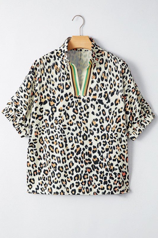 Leopard Notched Short Sleeve Blouse Striped Trim | Zarnesh