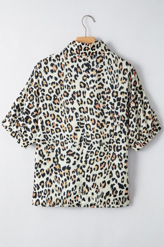 Leopard Notched Short Sleeve Blouse Striped Trim | Zarnesh