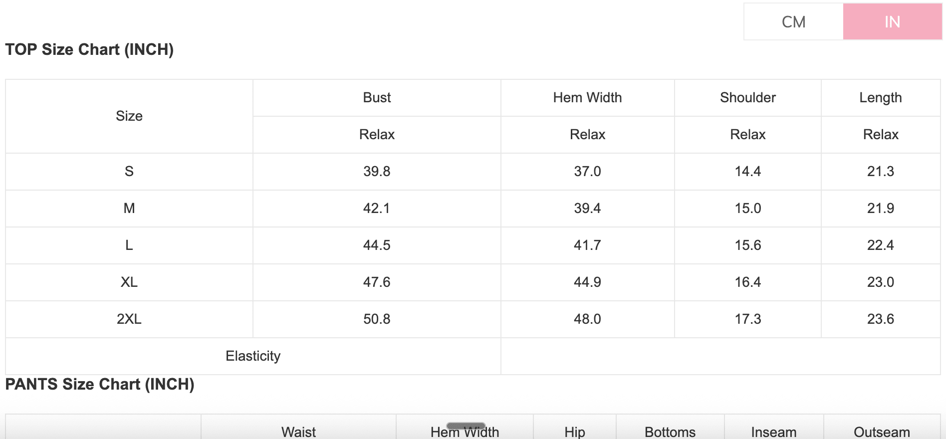 Size chart for tops and pants in inches with measurements.