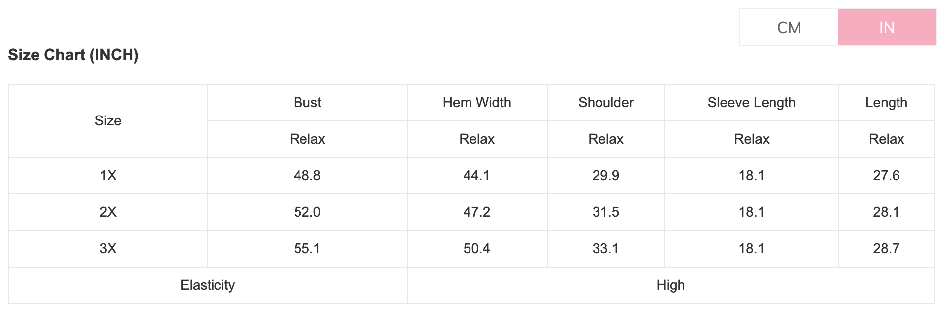 Size chart for clothing measurements in inches and centimeters