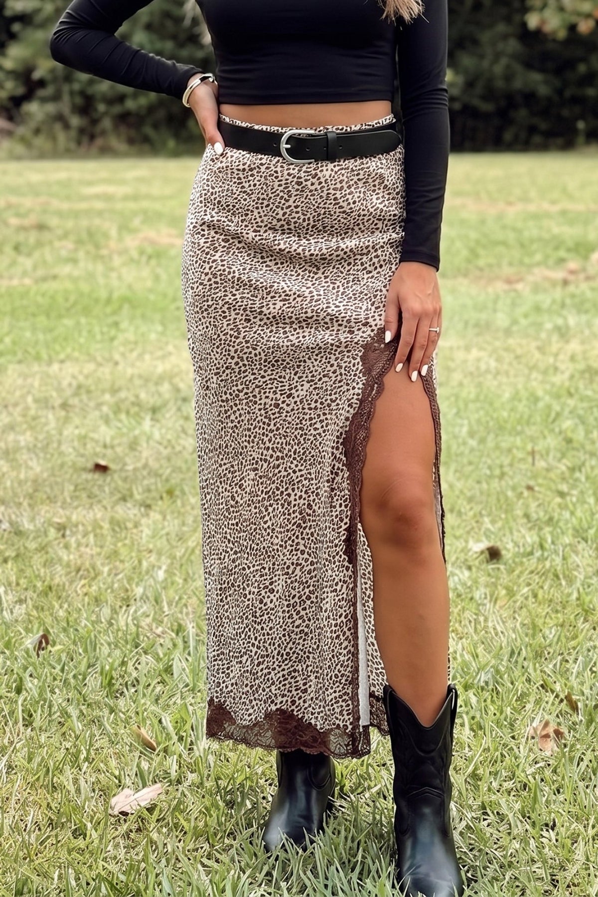 Leopard Print Trim Side Split Midi Skirt | Zarnesh