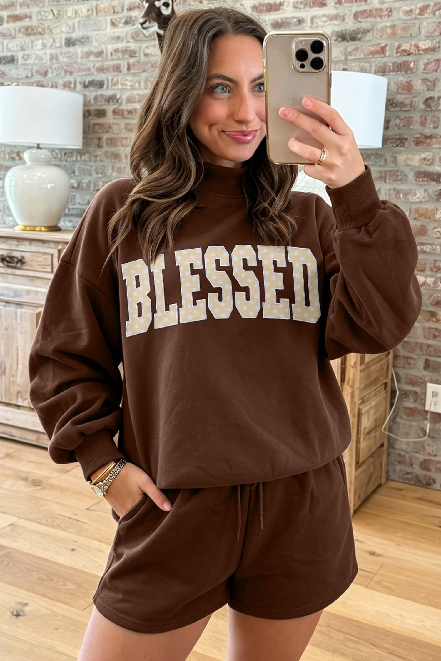 Coffee sweatshirt with cream BLESSED letters and matching shorts