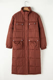 Brown puffer coat on a hanger against a white background