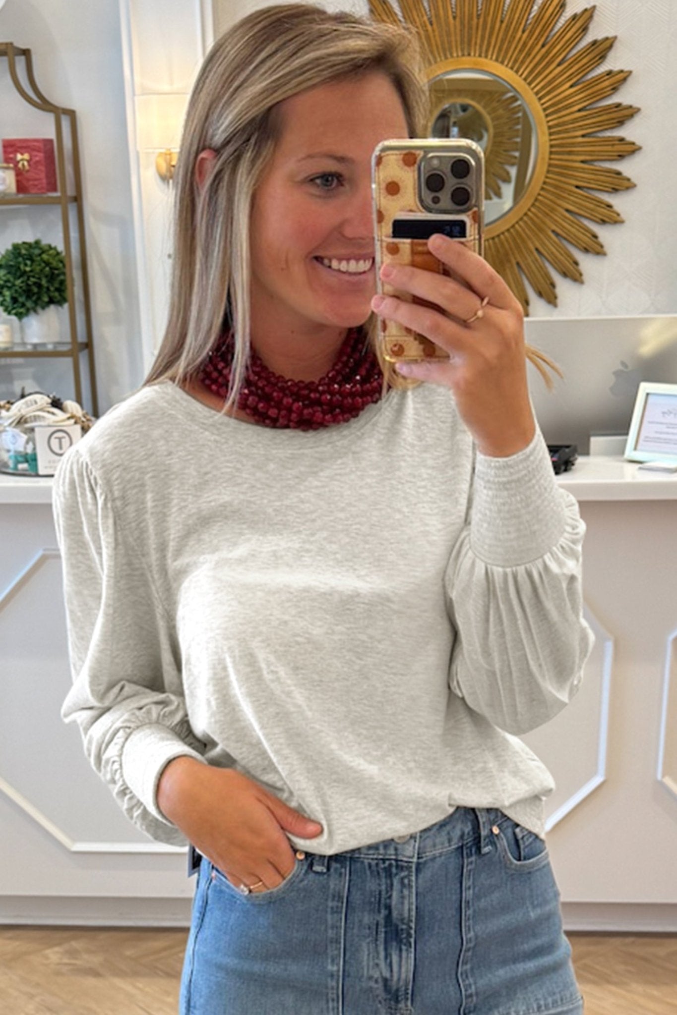 Long Sleeve Smocked Cuff Crewneck Top | Zarnesh