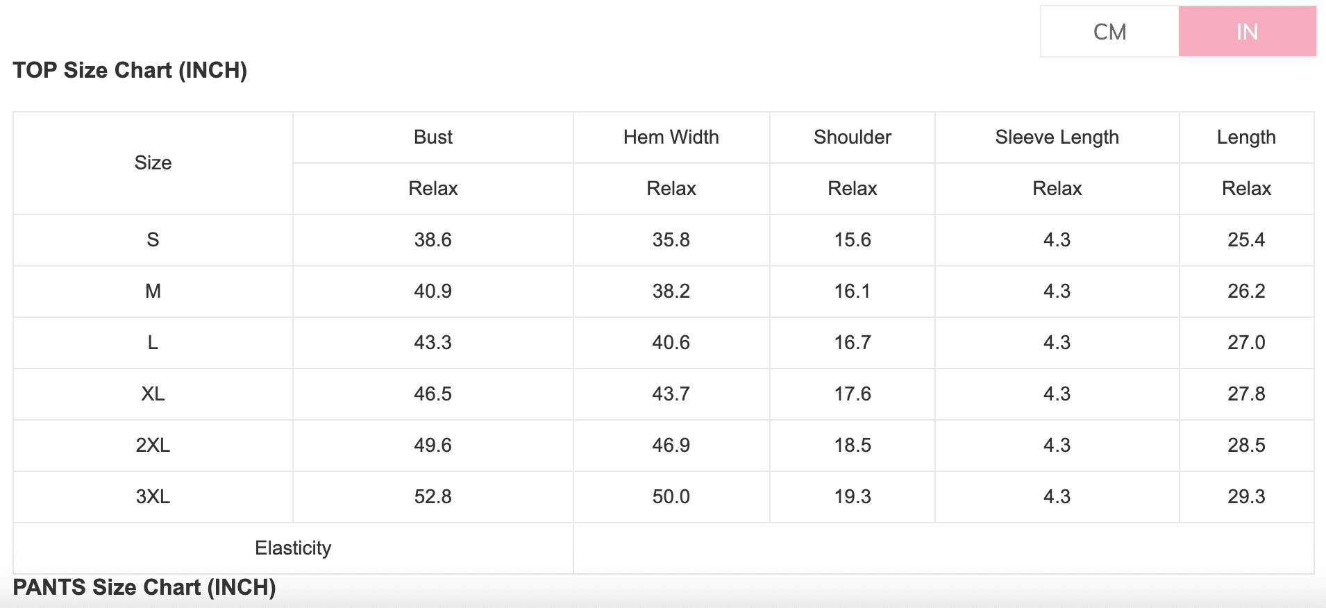 Size chart for tops and pants with measurements in inches and centimeters.