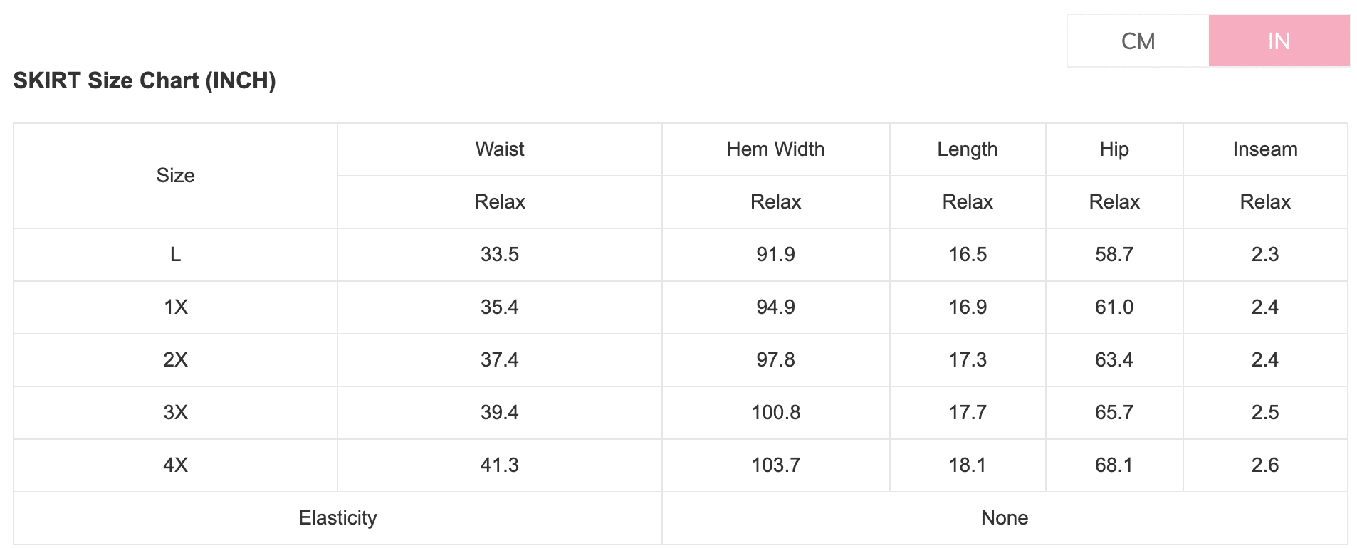 Skirt size chart with measurements in inches and centimeters
