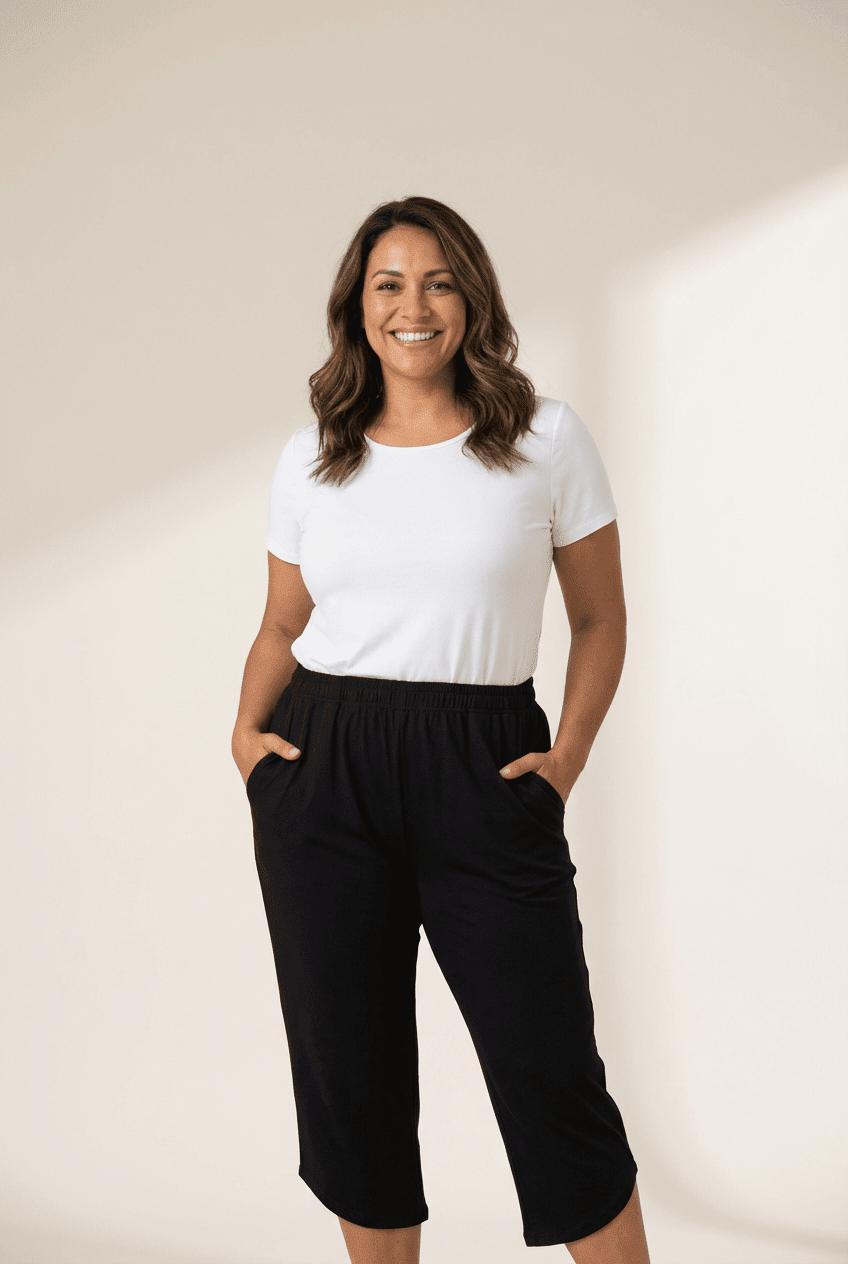 Woman wearing a white t-shirt and black capri pants against a plain background