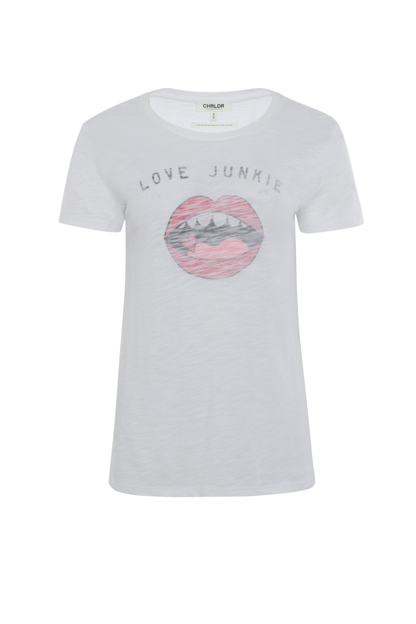 White t-shirt with 'Love Junkie' graphic design on a white background