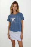 Woman wearing a blue t-shirt with a star and 'LOVE' graphic on a white background