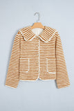 Brown-cream striped cropped jacket with rounded collar and patch pockets on hanger.