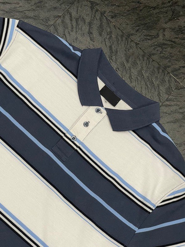 Men Polo Old School Striped Pique Collar Front Button Shirt Zarnesh