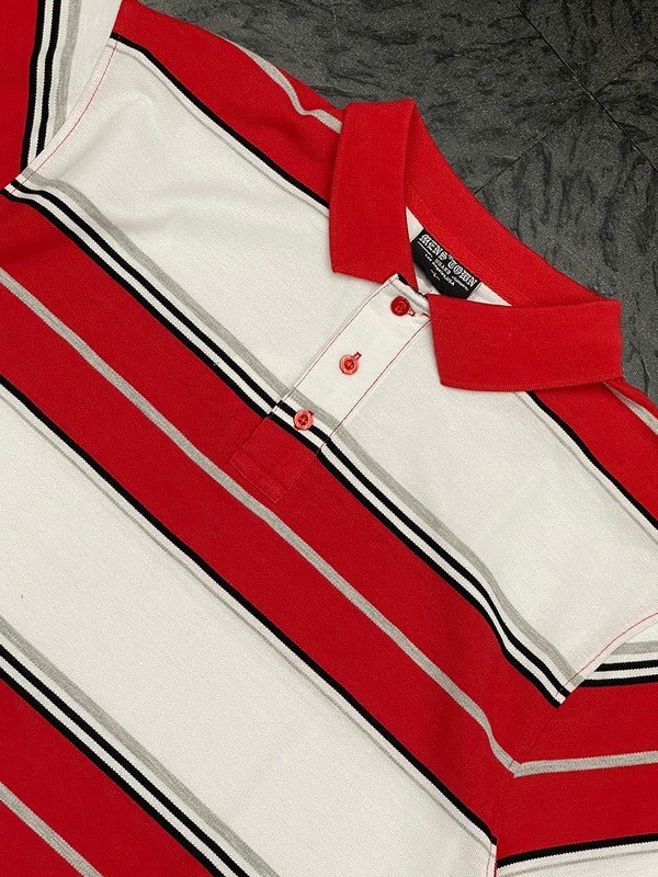 Men Polo Old School Striped Pique Collar Front Button Shirt Zarnesh
