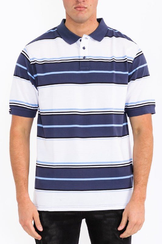 Men Polo Old School Striped Pique Collar Front Button Shirt Zarnesh