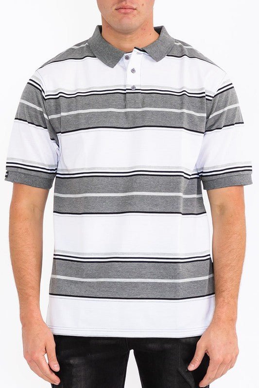 Men Polo Old School Striped Pique Collar Front Button Shirt Zarnesh