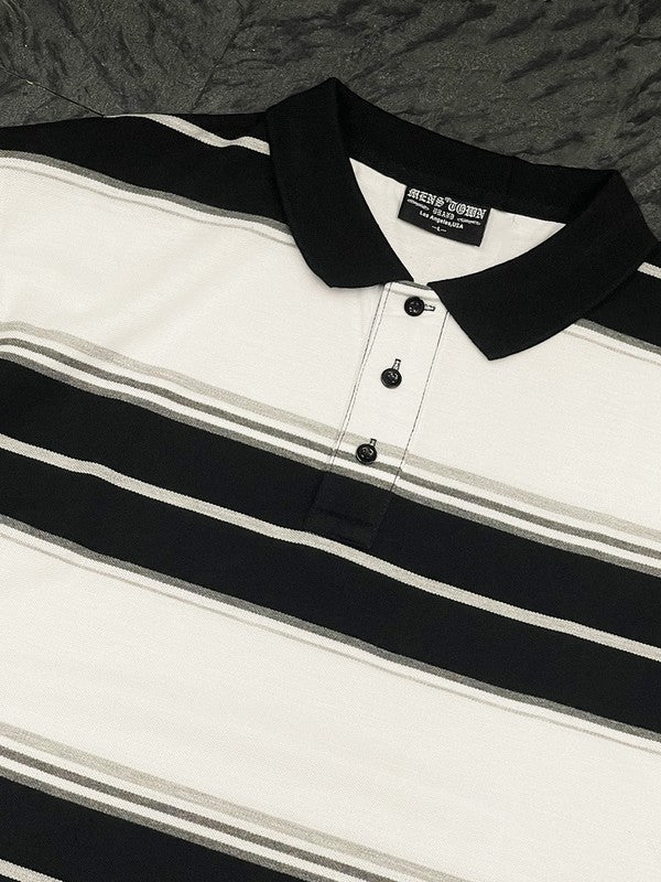Men Polo Old School Striped Pique Collar Front Button Shirt Zarnesh