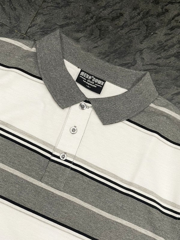Men Polo Old School Striped Pique Collar Front Button Shirt Zarnesh