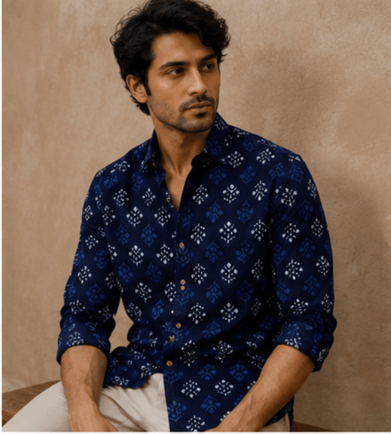 Man wearing a blue patterned shirt against a beige background