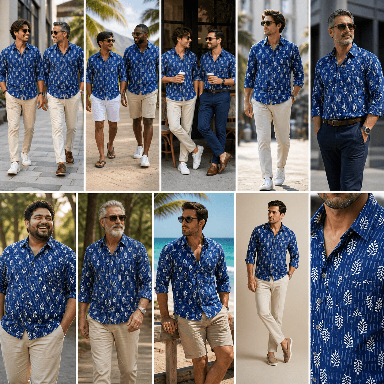 Collage of a man wearing a blue patterned shirt in various settings.