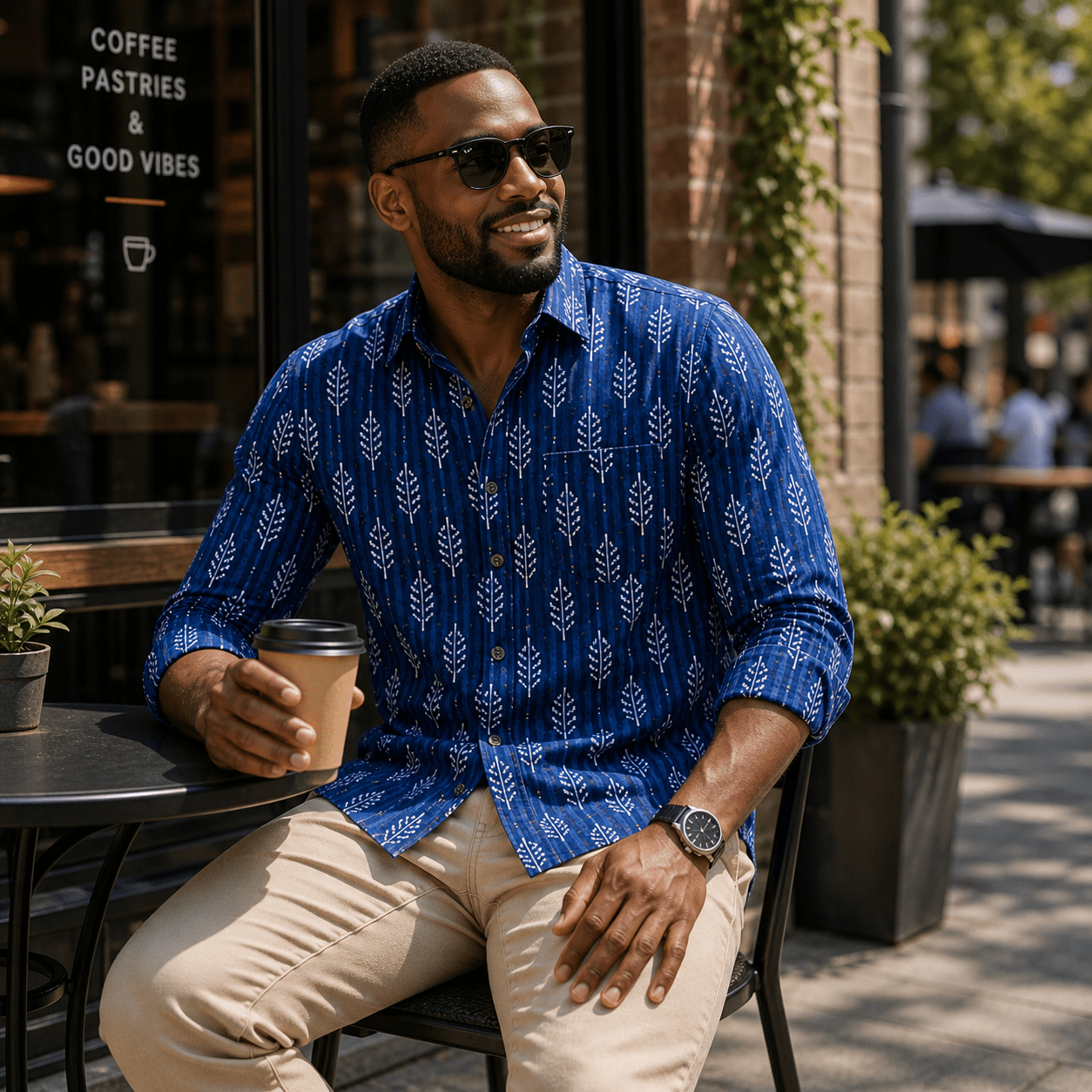 Man in a blue patterned shirt sitting outdoors holding a coffee cup.