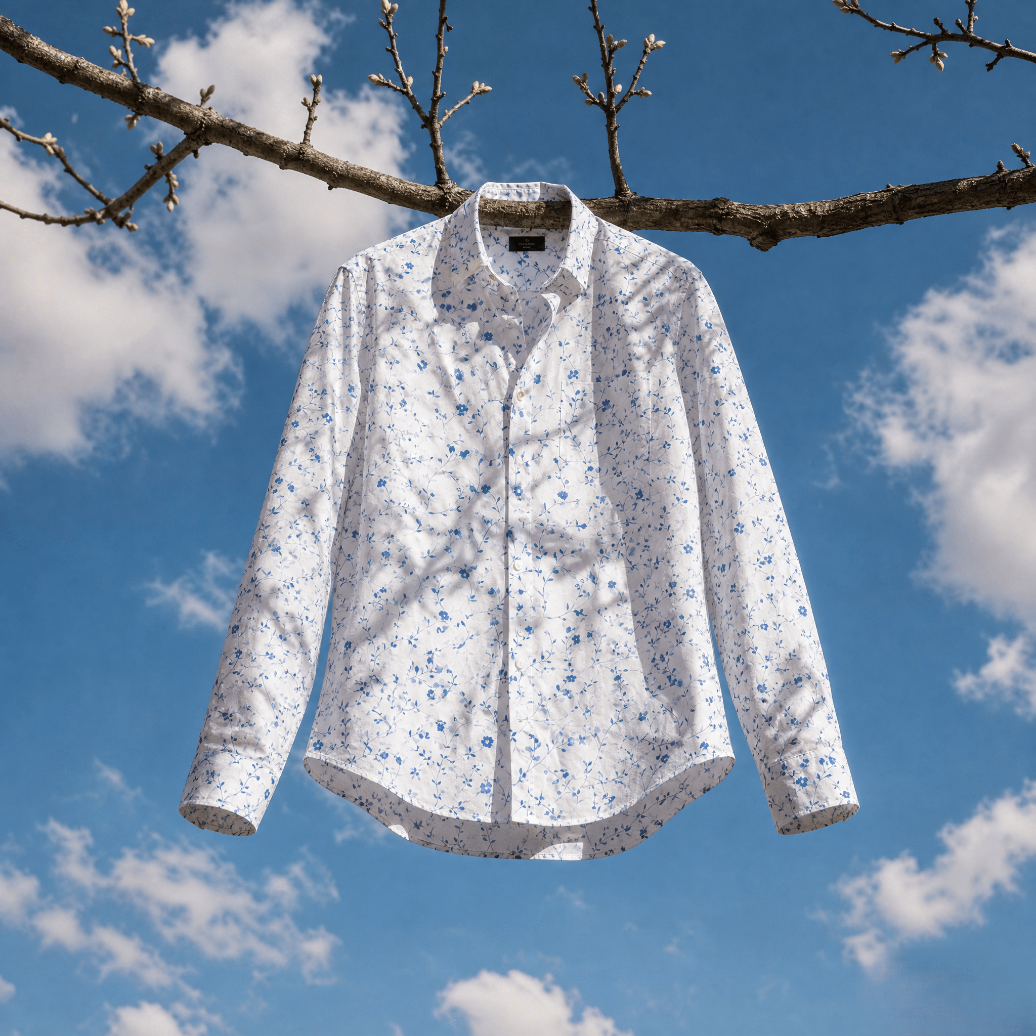 White floral shirt hanging on a tree branch with a blue sky background