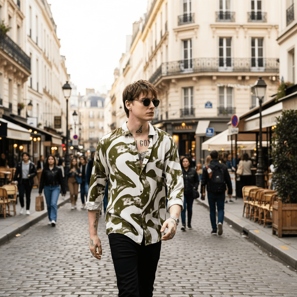 Person walking down a street in an urban setting with buildings and people in the background