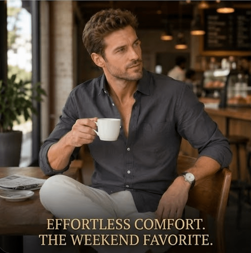 Man sitting in a cafe holding a coffee cup with text 'Effortless Comfort. The Weekend Favorite.'