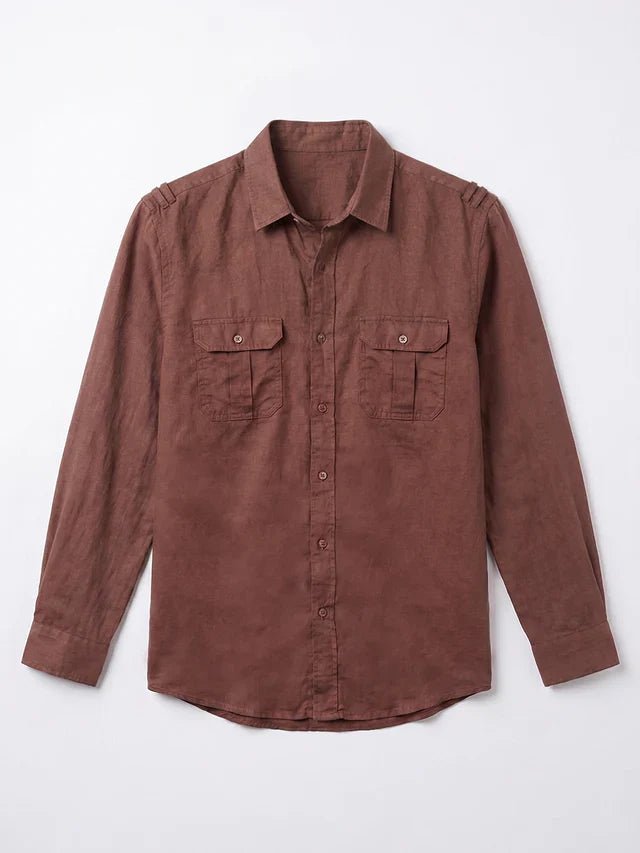Brown button-up shirt with two chest pockets on a white background