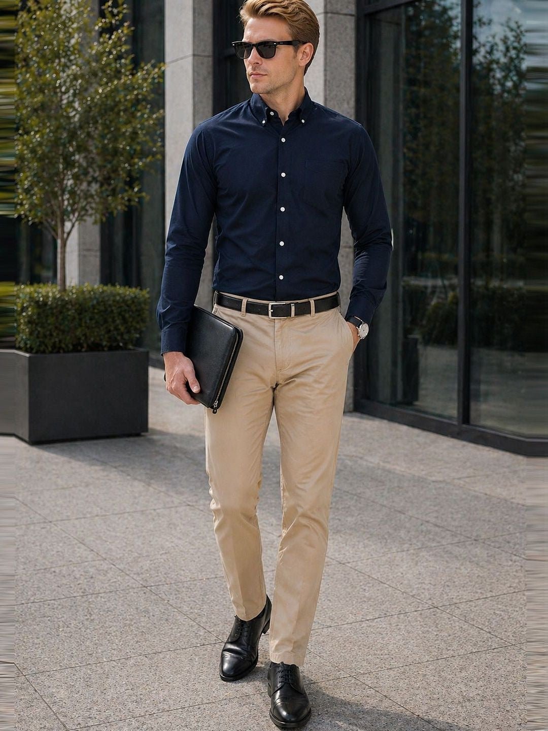Man in navy shirt and beige pants holding a black folder outdoors.