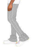 Gray pants with white stripes worn by a person on a white background