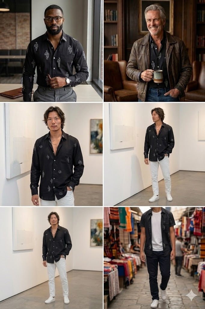 Collage of a man in various settings wearing a black patterned shirt.