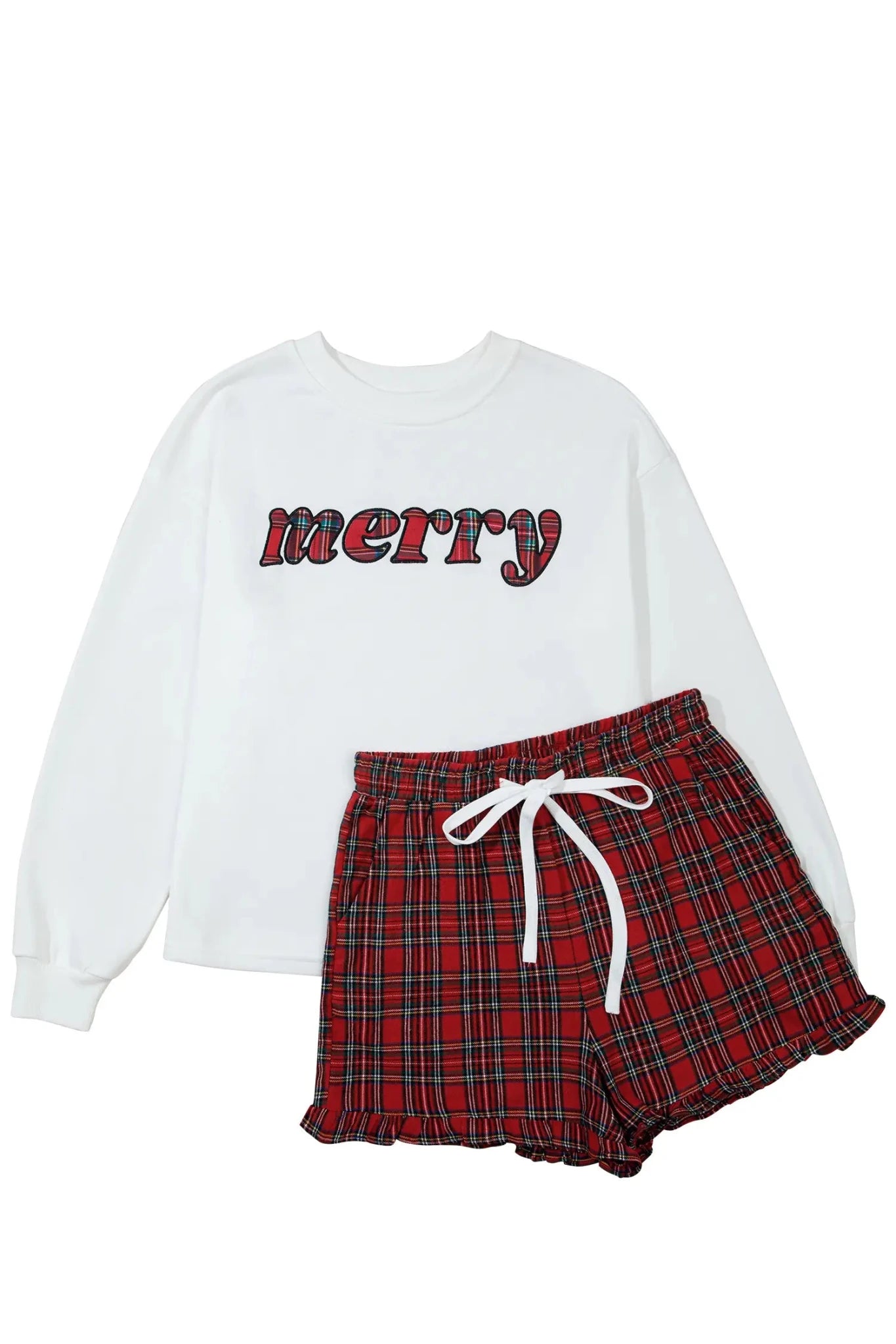White MERRY sweatshirt with red-black plaid shorts and white drawstring.