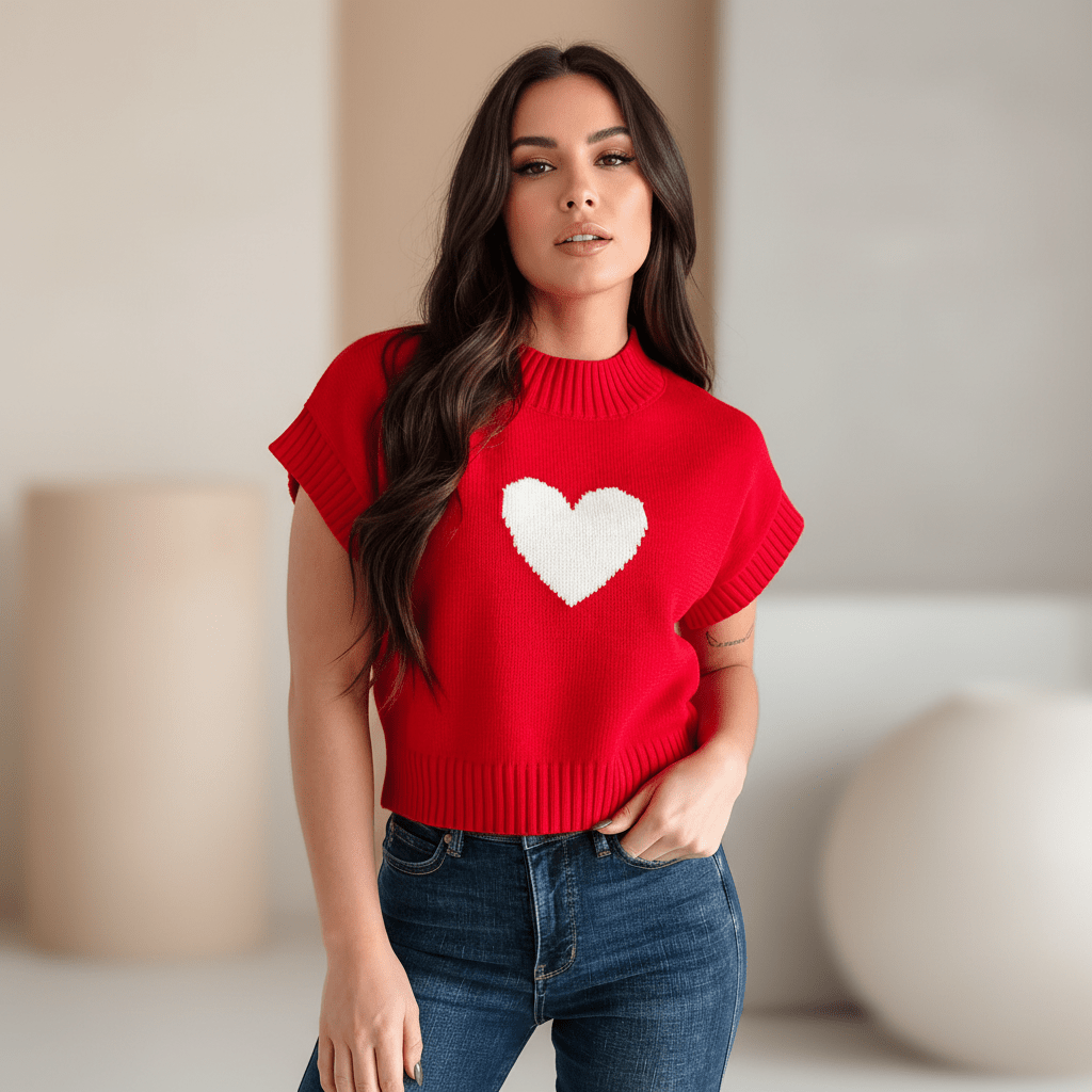 Mock Neck Short Sleeve Heart Graphic Sweater | Zarnesh