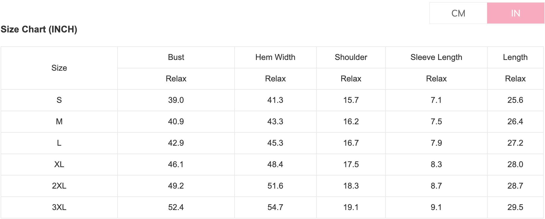 Size chart in inches and centimeters for clothing measurements.
