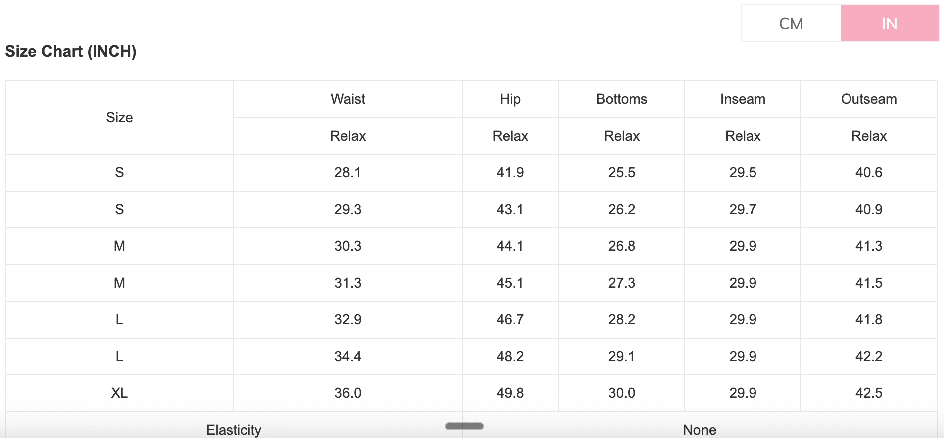 Size chart for pants with measurements in inches and centimeters