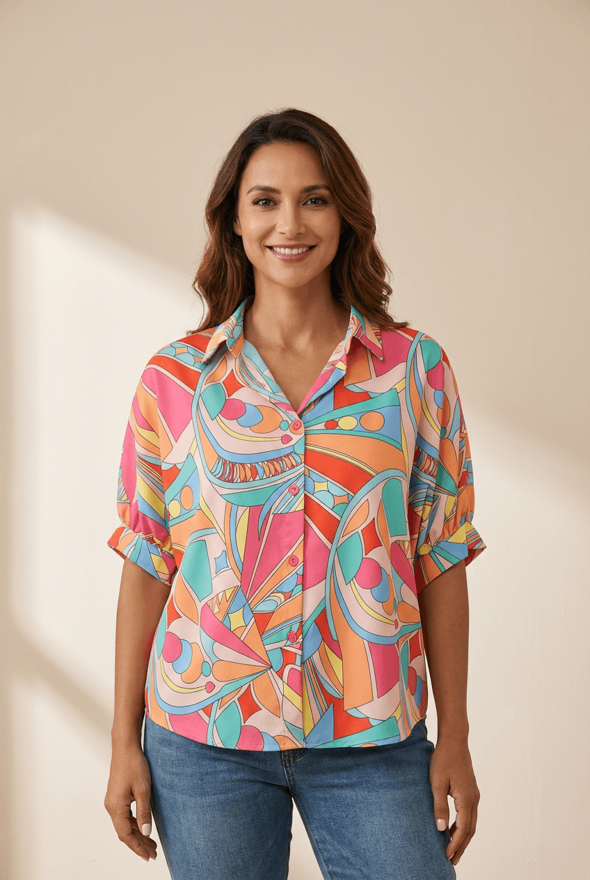 Woman wearing a colorful patterned shirt against a beige background