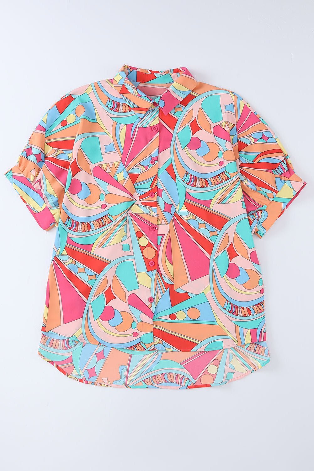 Colorful geometric patterned shirt on a white background