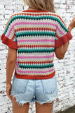 Person wearing a colorful striped sweater and denim shorts against a white brick wall.