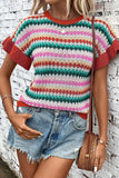 Person wearing a colorful striped sweater and denim shorts against a white brick wall.
