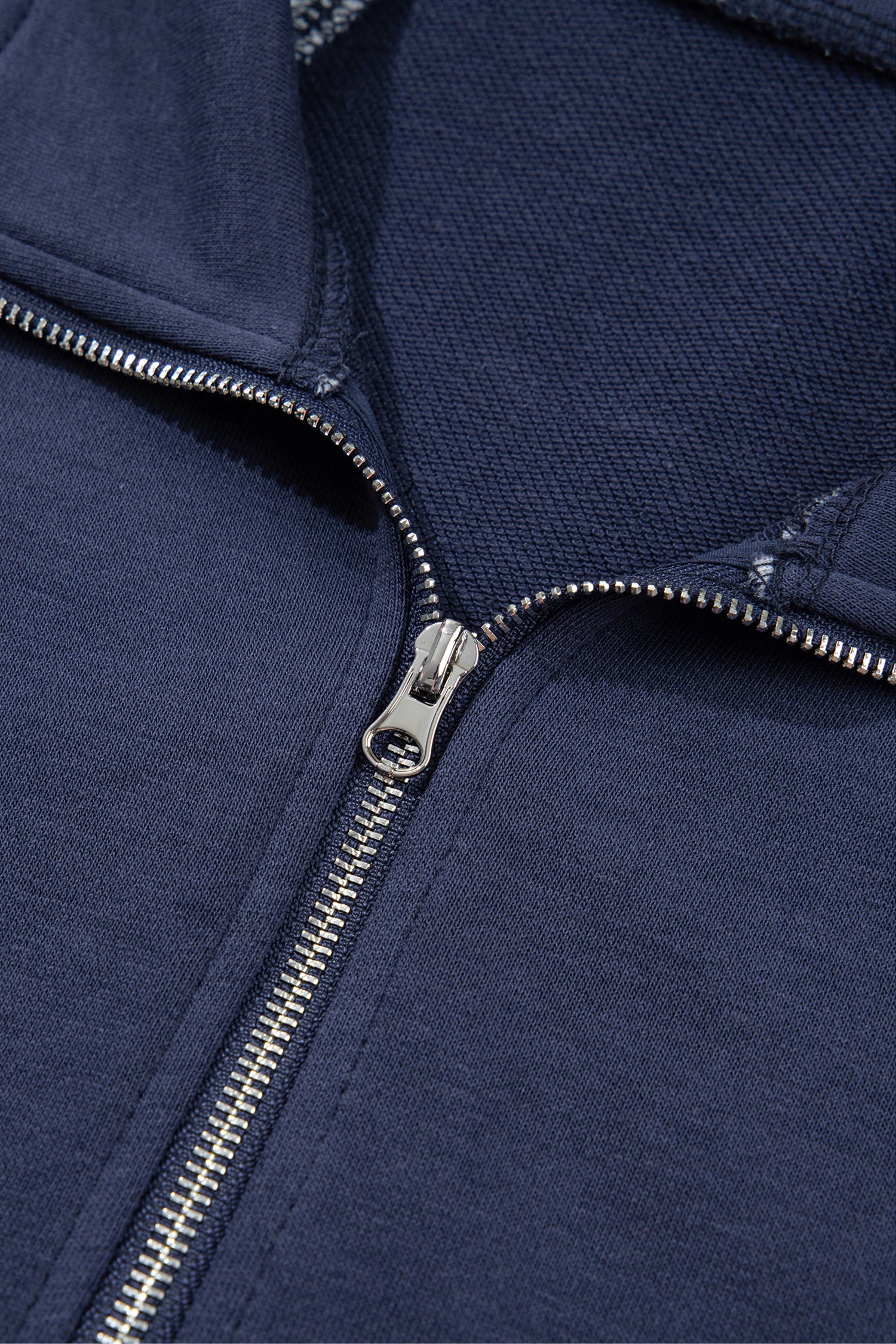 Navy blue quarter zip sweatshirt metal zipper, close-up